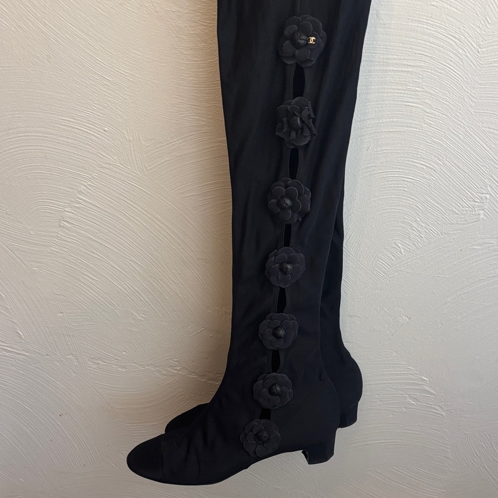 CHANEL Black Over-the-Knee Boots with Floral Details -Camellia